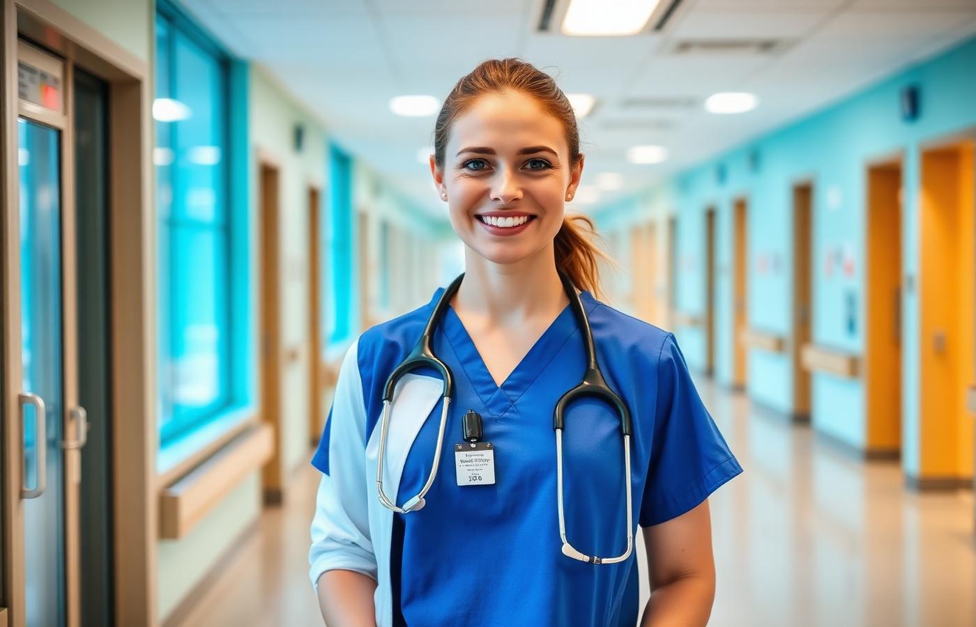 Healthcare professional in a hospital corridor